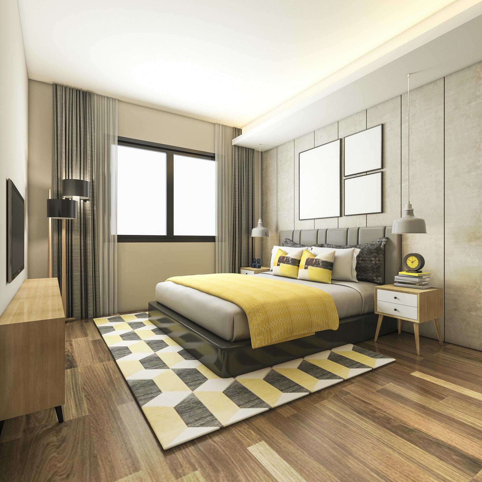 3d rendering beautiful luxury yellow bedroom suite in hotel with tv
